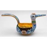 An Extraordinary Russian Silver and Cloisonné Enamel Bird Shaped Kovsh Bowl. Floral decoration