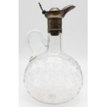 A VICTORIAN ETCHED GLASS CLARET JUG WITH ENGRAVED COLLAR AND WORKING LID , CORK AND STOPPER. 21cms