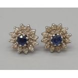 WITHDRAWN Pair of 18K White Gold Diamond and Sapphire Stud Earrings. Central sapphire surrounded