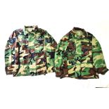 Two Vintage US Air Force Camouflage Jackets with badges, names and insignias both size small