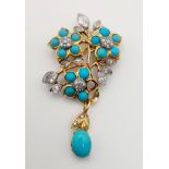 A beautiful, vintage, 18 K yellow gold, brooch with turquoise and diamonds. In good general