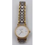 A LADIES LONGINE QUARTZ TWO TONE STRAP WATCH. A\F