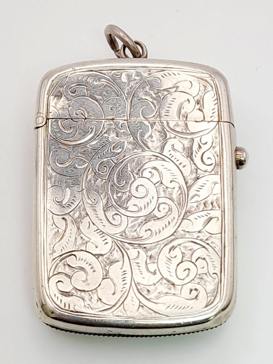 An Antique Silver Vesta Case. Hallmarks for Birmingham 1892. Makers mark of George Unite. 3.5 x - Image 3 of 5