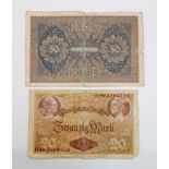 Two Very Good German WW1 Period 1914 & 1919 German Bank Notes 20 & 50 Marks