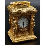 An antique, French, gilded, carriage clock. Dimensions: 7.5 x 5.5 x 5 cm. Weight: 460 g. No key.
