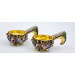 An Enchanting Pair of Small Russian Silver Cloisonné Enamel Kovsh Bowls with Handles. Floral and
