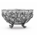 A large stunning solid silver Japanese bowl C1900, Lobed oval form, chased and embossed with water