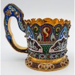 An Unusual Russian Silver and Cloisonné Enamel Tea Glass Cup Holder. Gem-set decoration with a