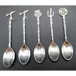 Five Mexican Silver Novelty Spoons. 10cm. 35.7g total weight.