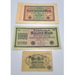 Three 1923 German 1, 1000, 20000 Reichs banknotes all in good condition