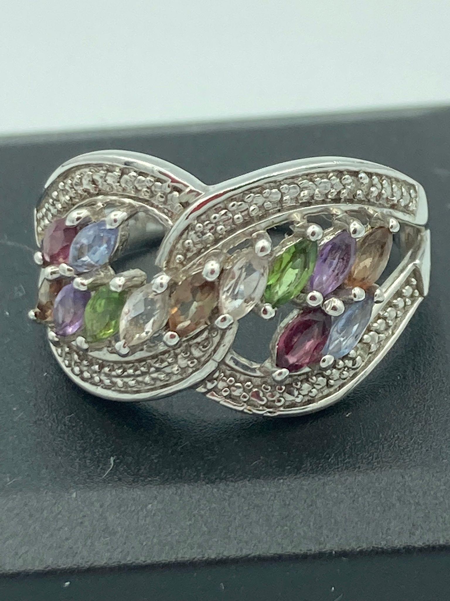 Stunning SILVER multi gemstone RING,having linked mount with clear marking inside band for the