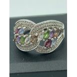 Stunning SILVER multi gemstone RING,having linked mount with clear marking inside band for the