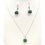 STERLING SILVER GREEN CRYSTAL SET DROP EARRINGS & NECKLACE SET (ONE STONE MISSING FROM ONE EARRING