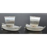 A Vintage Japanese Pair of Sterling Silver Salt and Pepper Shakers in the Form of Sailing Ships.