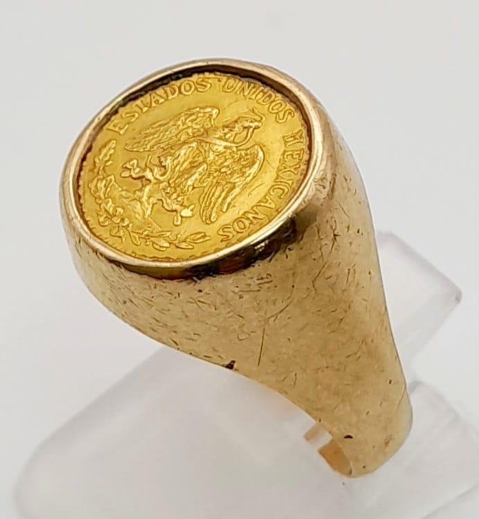 A 22k Gold Estados Unidos Mexicanos Coin Signet Ring. Coin is 22k gold - Ring is 9K gold. Size O. - Image 2 of 3