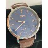 Genuine HUGO BOSS Gentlemans wristwatch, large blue face model with secondary dial and date