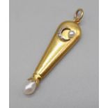 A Vintage 18K Yellow Gold Diamond and Seed Pearl Crescent Moon Pendant. 4cm. 3.45g total weight.