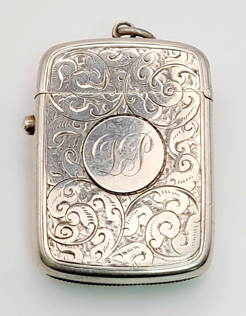An Antique Silver Vesta Case. Hallmarks for Birmingham 1892. Makers mark of George Unite. 3.5 x - Image 5 of 5