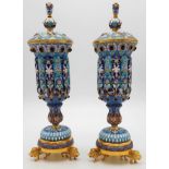 A Pair of Sublime Russian Silver and Cloisonné Enamel Gem-Set Lidded Vases. Beautiful shades of blue