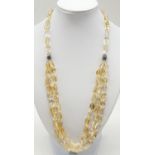 Three row Cabochon citrine gemstone chunky necklace with silver sterling beads. Length 29cm,