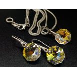 STERLING SILVER CRYSTAL DROP EARRINGS & NECKLACE. 8.4G.