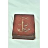 AN ANTIQUE MOTHER OF PEARL INLAID BOOK TRINKET BOX WITH BAMBOO PLANT AND CRANE IMAGES A/F 18 X 24cms