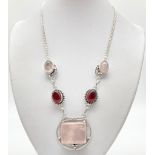 A 925 Silver Garnet and Rose Quartz Necklace. 44cm.