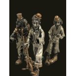 Large solid silver figurine set-of 3 Clowns each with different smiles and items in hand by Vittorio