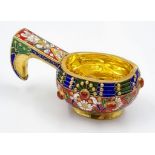 A Small Russian Silver Cloisonné Enamel Kovsh Bowl with Handle. Colourful Floral and gem-set