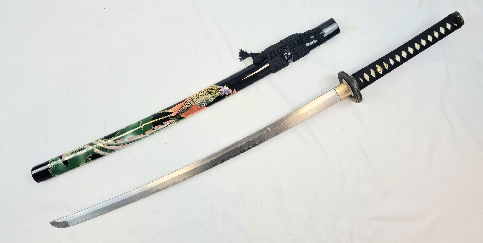 Excellent Condition Hand Forged Japanese Katana in Highly Decorated Wood Saya (Scabbard) Brass Tsuba