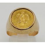 A 22k Gold Estados Unidos Mexicanos Coin Signet Ring. Coin is 22k gold - Ring is 9K gold. Size O.