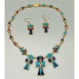 An Egyptian 18K Yellow Gold Hand-Made Lapis Lazuli, Coral and Turquoise Necklace - With Ankh