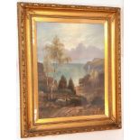 A LARGE ORNATELY FRAMED OIL ON CANVAS BY FRANCIS EDWARD JAMES (1849-1920) OF A TRANQUIL JURASSIC