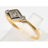 An 18K Yellow Gold Three-Stone Diamond, Rhombus Designed Ring. Size O. 1.87g.