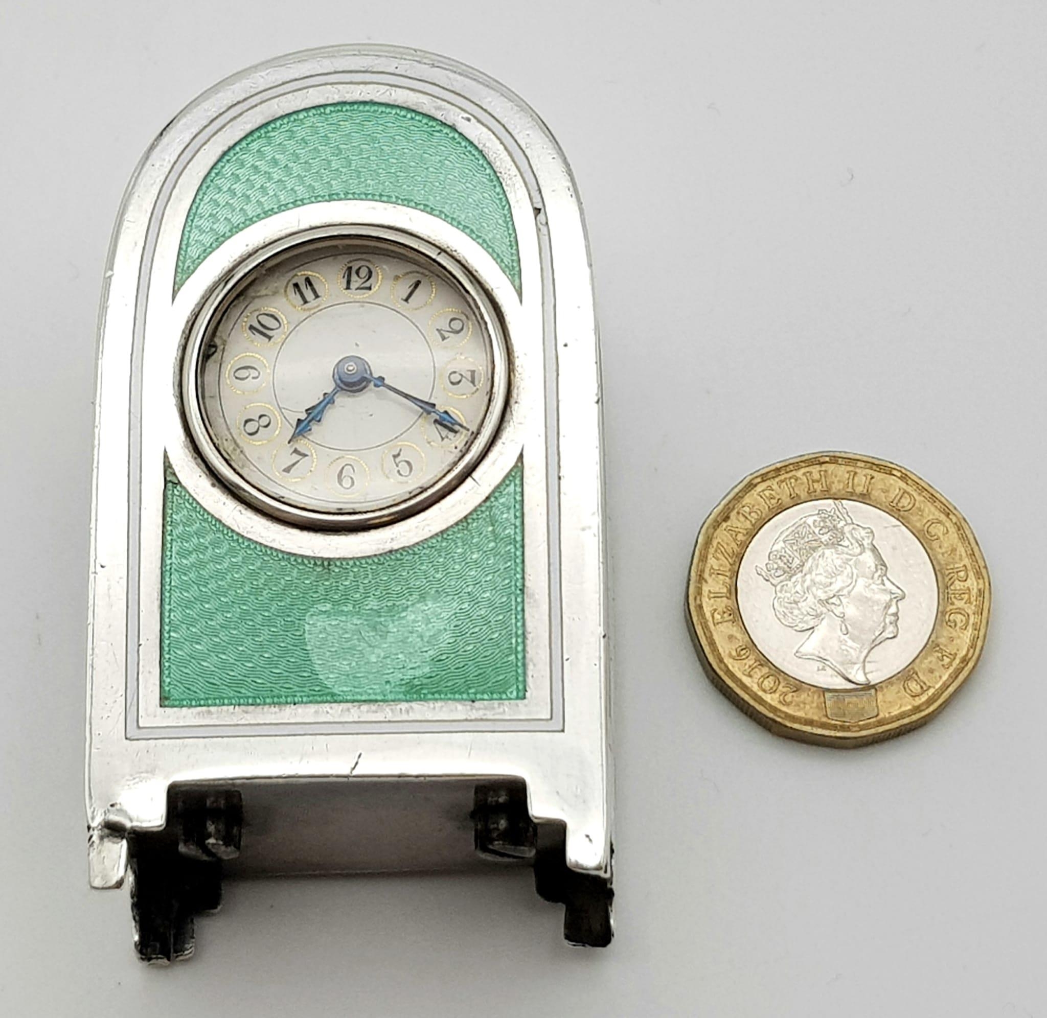 An Antique Solid Silver Enamel French Miniature Clock. Arch design with a green enamel front and - Bild 8 aus 8