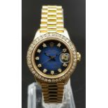 A LADIES 18K GOLD ROLEX OYSTER PERPETUAL DATEJUST WITH SOLID GOLD STRAP ,DIAMOND BEZEL AND