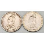 Two 1887 Queen Victoria Silver Shillings. Please see photos for conditions.