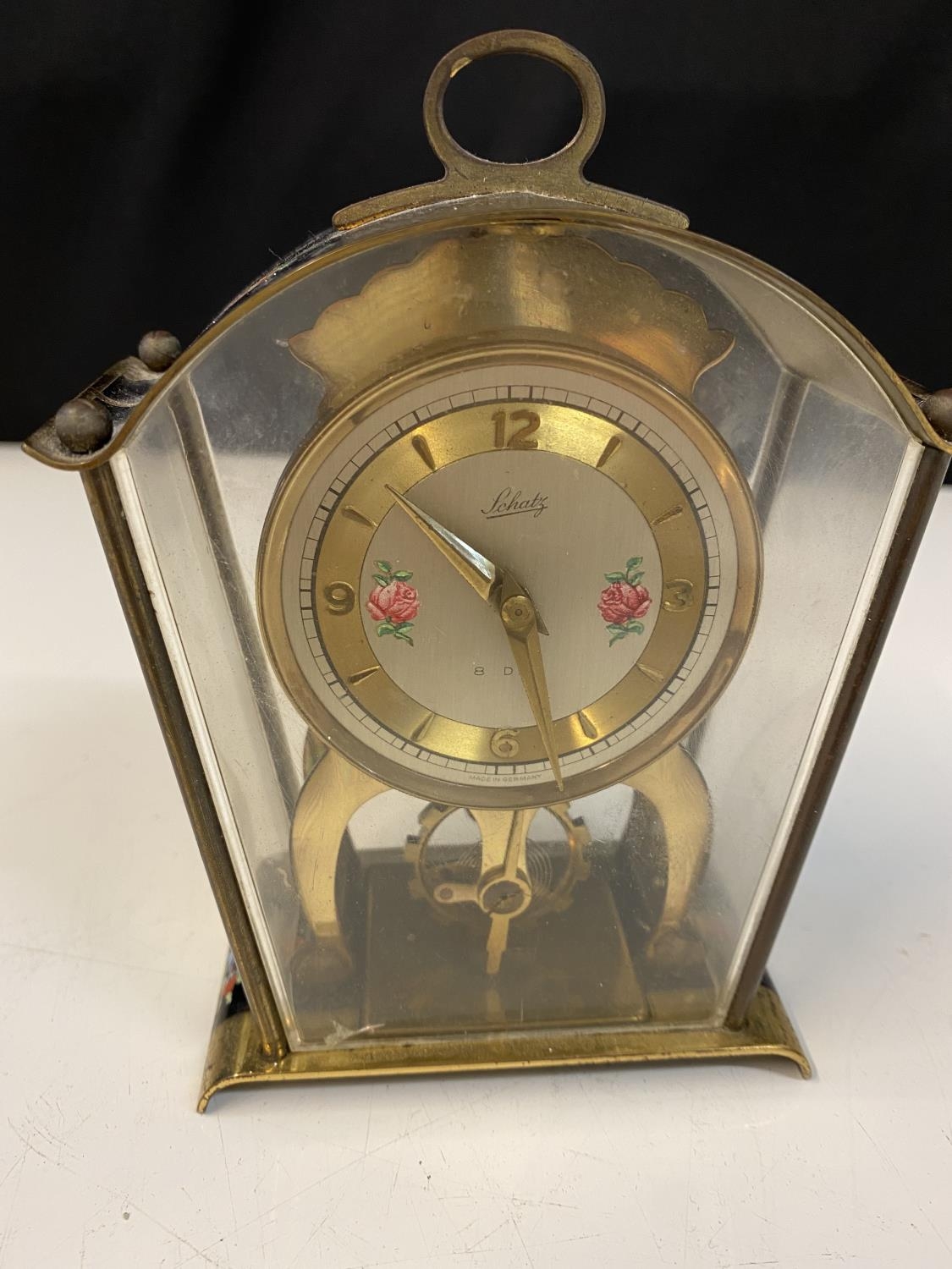 Schatz Sohne #59 German 8-Day Brass Skeleton Carriage Clock. With floral numeral dial, open - Bild 2 aus 10