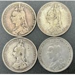 Four Jubilee Head Queen Victoria Silver Shilling Coins. 1888, 1889, 1890, 1892. Please see photos