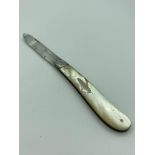 Antique SILVER bladed fruit knife having serpentine mother of pearl handle and clear Hallmark for