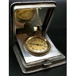 An Antique Solid Silver Engine Turned Travelling Clock. Hallmarks for Birmingham 1929. 6.5 x 7.