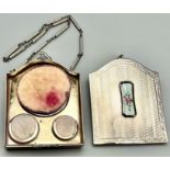 An Early White Metal and Enamel Sovereign Holder Purse - with original chain. 8 x 6cm. 100g total