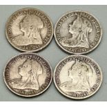 Four Queen Victoria Old Head Silver Shilling Coins. 1893, 1896, 1899, 1901. Please see photos for