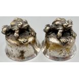 An Antique Pair of Silver and Brass Miniature Stirrup Cups with Frog Decoration. 3.5cm tall. 46g