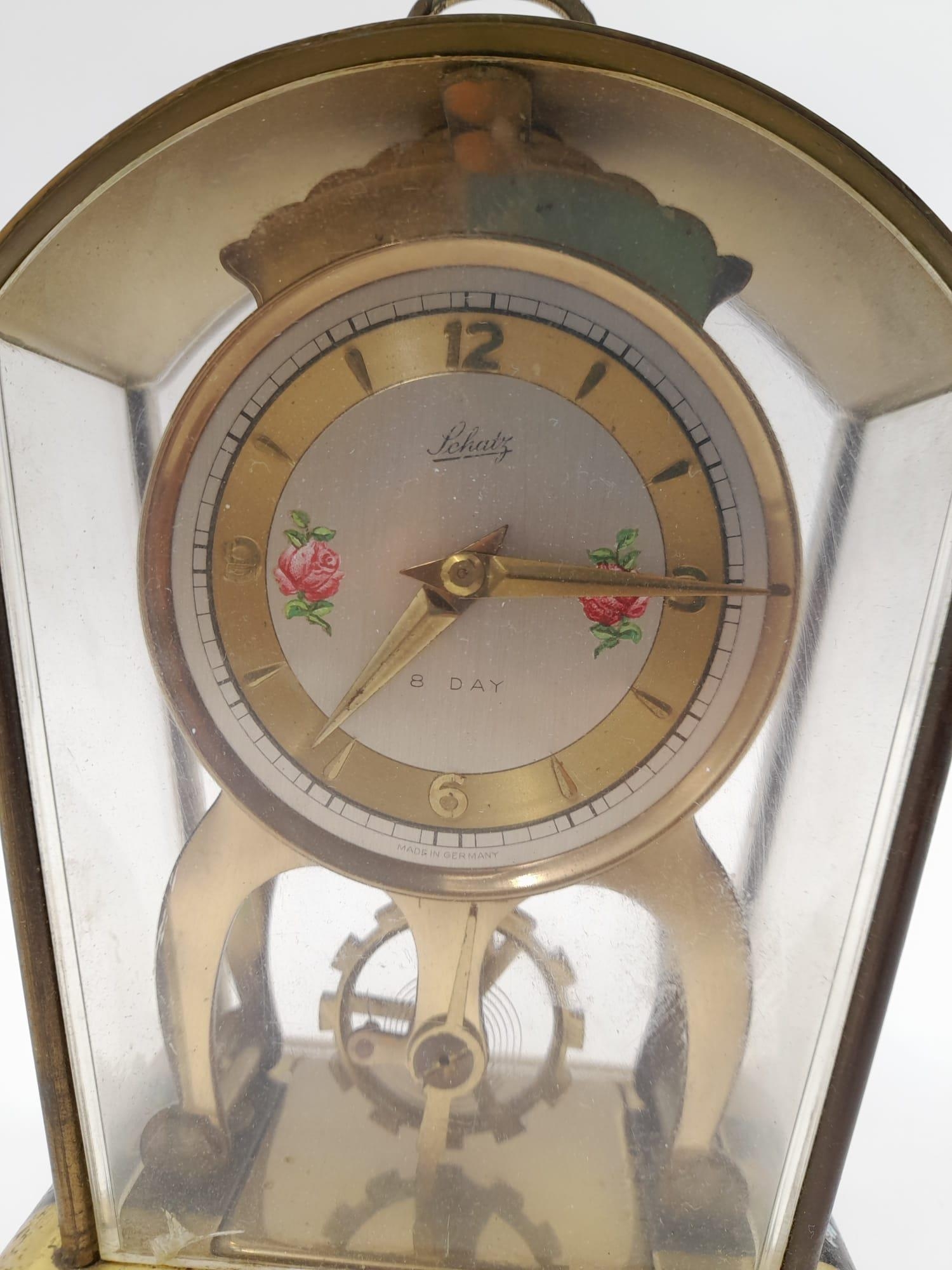 Schatz Sohne #59 German 8-Day Brass Skeleton Carriage Clock. With floral numeral dial, open - Bild 4 aus 10