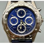 A Sekonda Quartz Gents Chronograph Watch. Blue leather strap. Stainless steel case - 40mm. Blue dial
