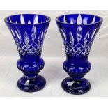 A Pair of Bleikristall Cobalt Blue Lead Crystal Large Vases. 32cm tall. In good condition but A/F.