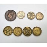 Selection of King George IV, V, and VI Coins. 1826 1/2d, 1925 sixpence - broad rim, 1952 x 2