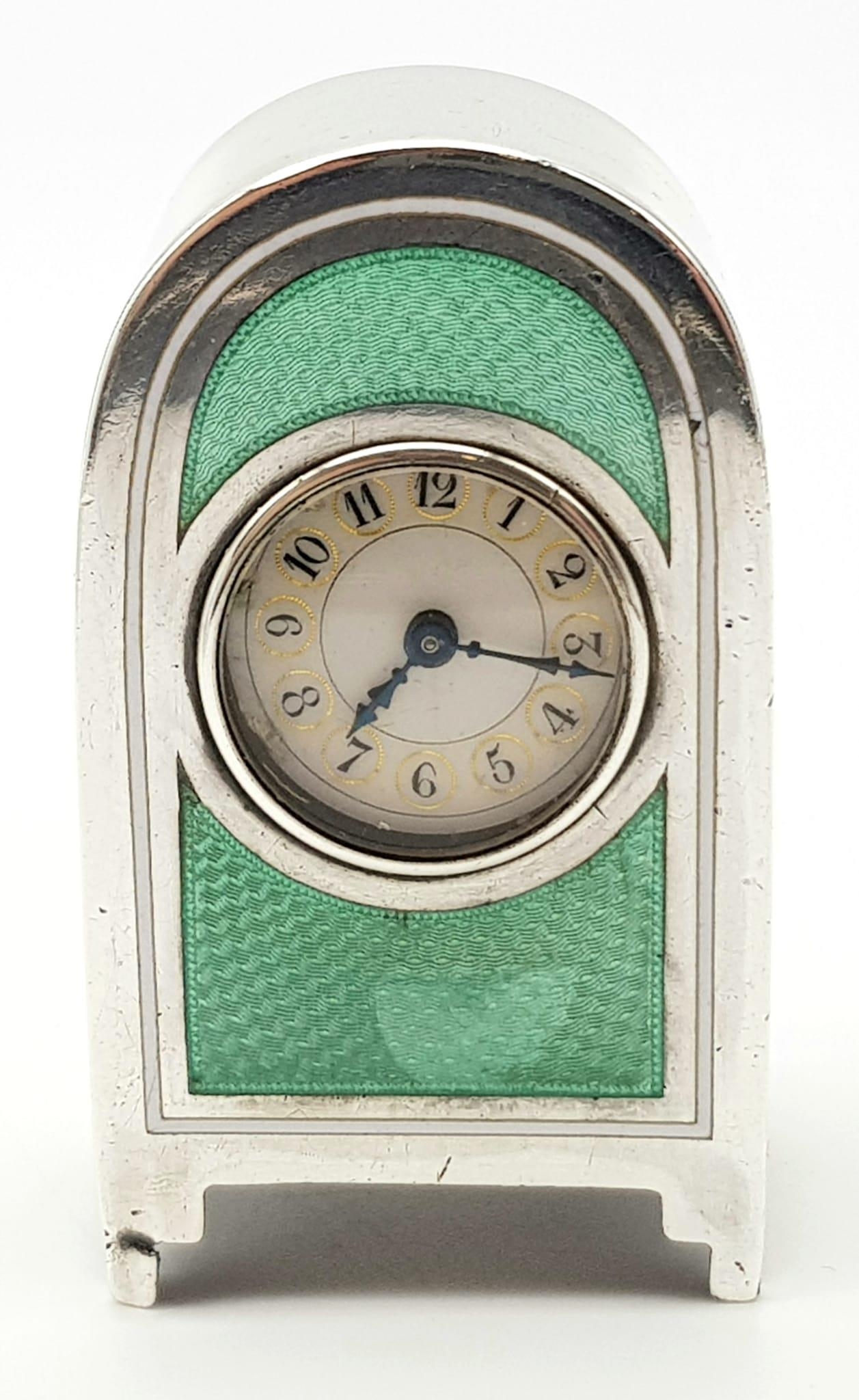 An Antique Solid Silver Enamel French Miniature Clock. Arch design with a green enamel front and - Bild 2 aus 8