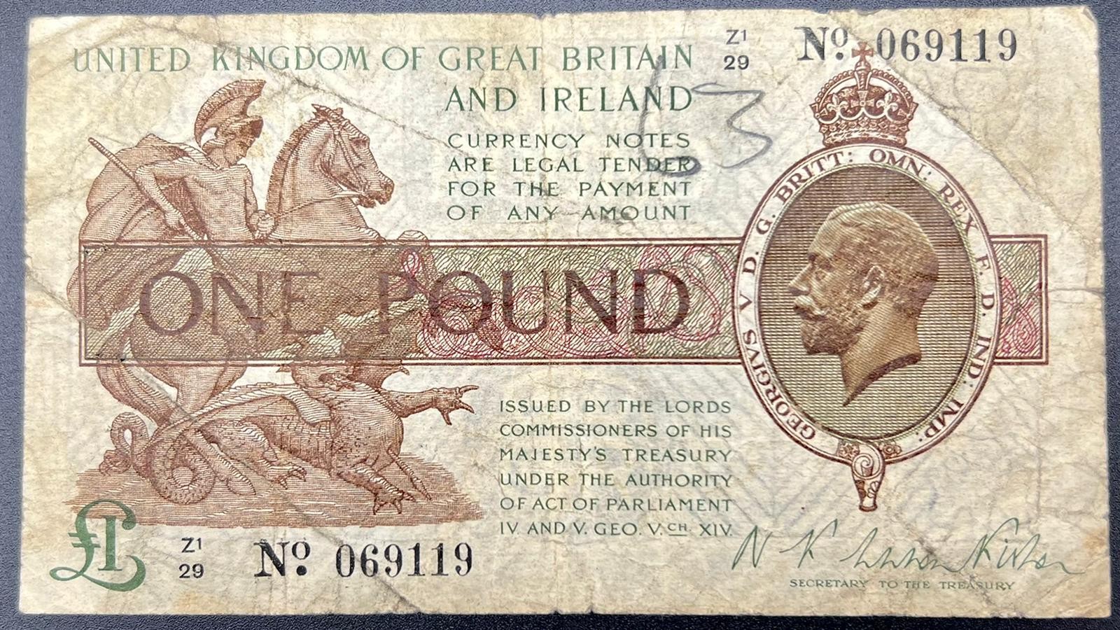 A Genuine Z1/29 One Pound Fisher Note. No: 069119. In plastic wallet. Please see photos for